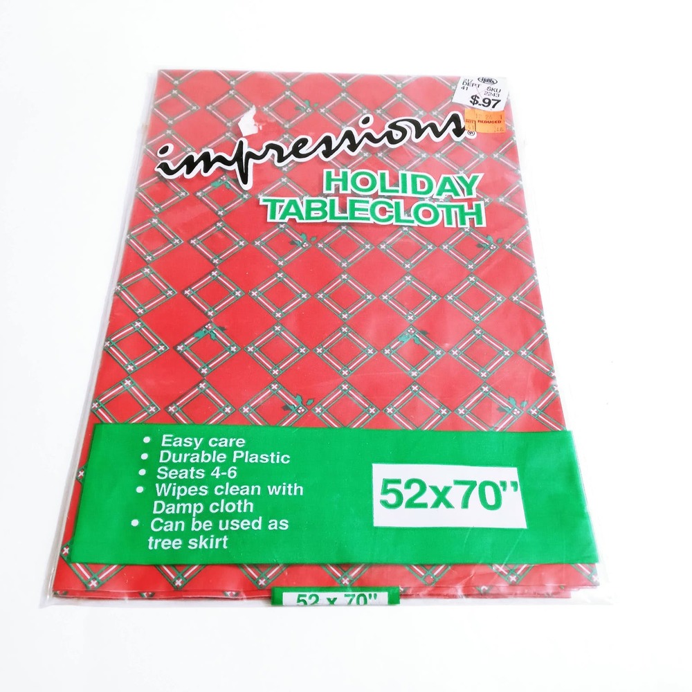 Vintage Christmas Table Cloth Red & Green Holly Easy Care Plastic New (LB)